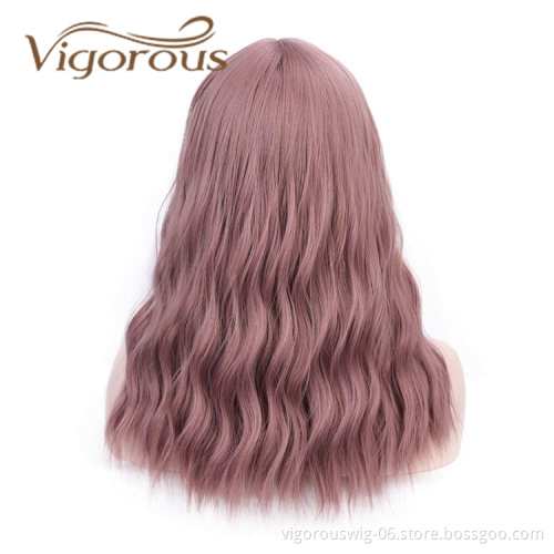 Vigorous Hot Selling Cheap Price Long Body Wave With Neat Bangs Pink High Temperature Fiber For Black Women Synthetic Hair Wigs